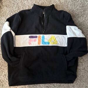 FILA Men's Black and White Zip-Up Sweater with Multicolor Logo